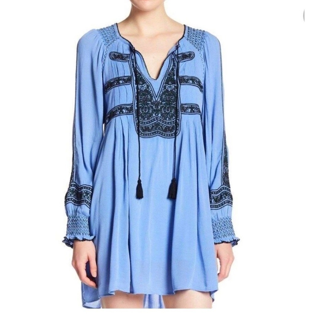 FREE PEOPLE Wind Willow‎ Summer Womens Size Large Embroidered MIni Peasant Dress